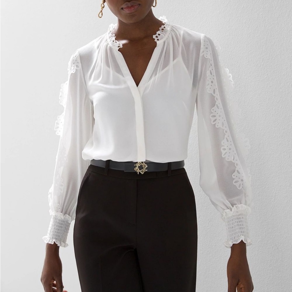 White House Black Market NWT White Laser Cut Ruffled Sheer Blouse size Small